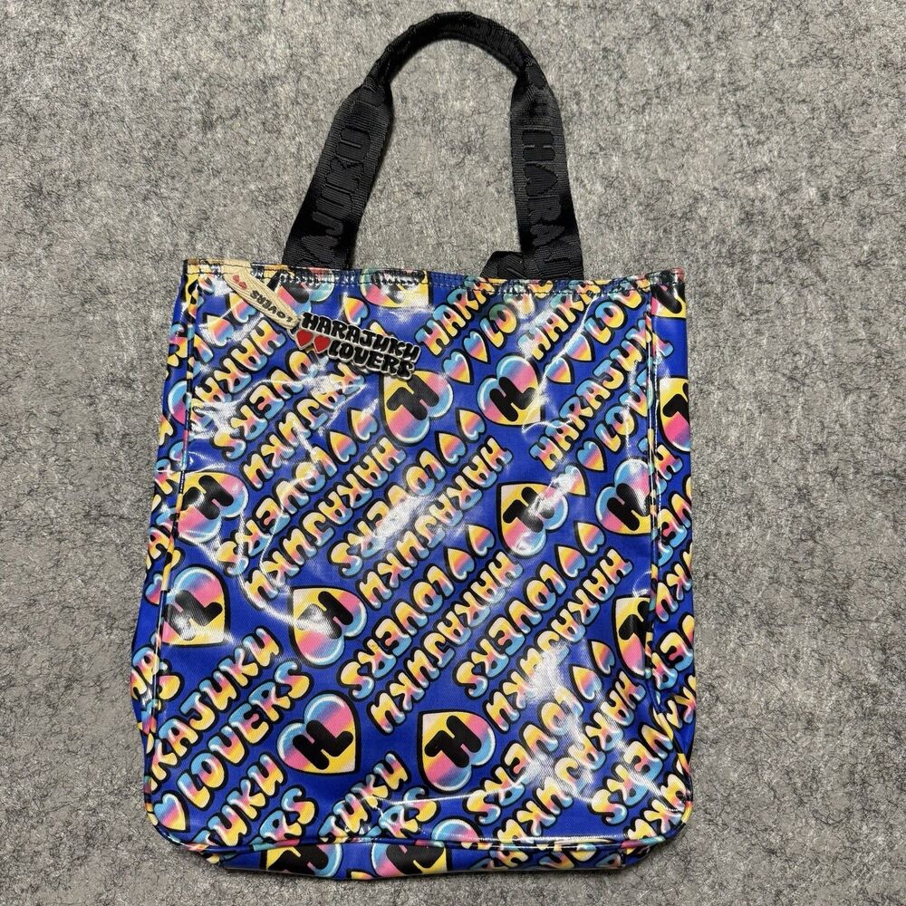 Vintage Y2K Harajuku Lovers Gwen Stefani Heart Tote Bag Neon Blue Pink Charm 10”